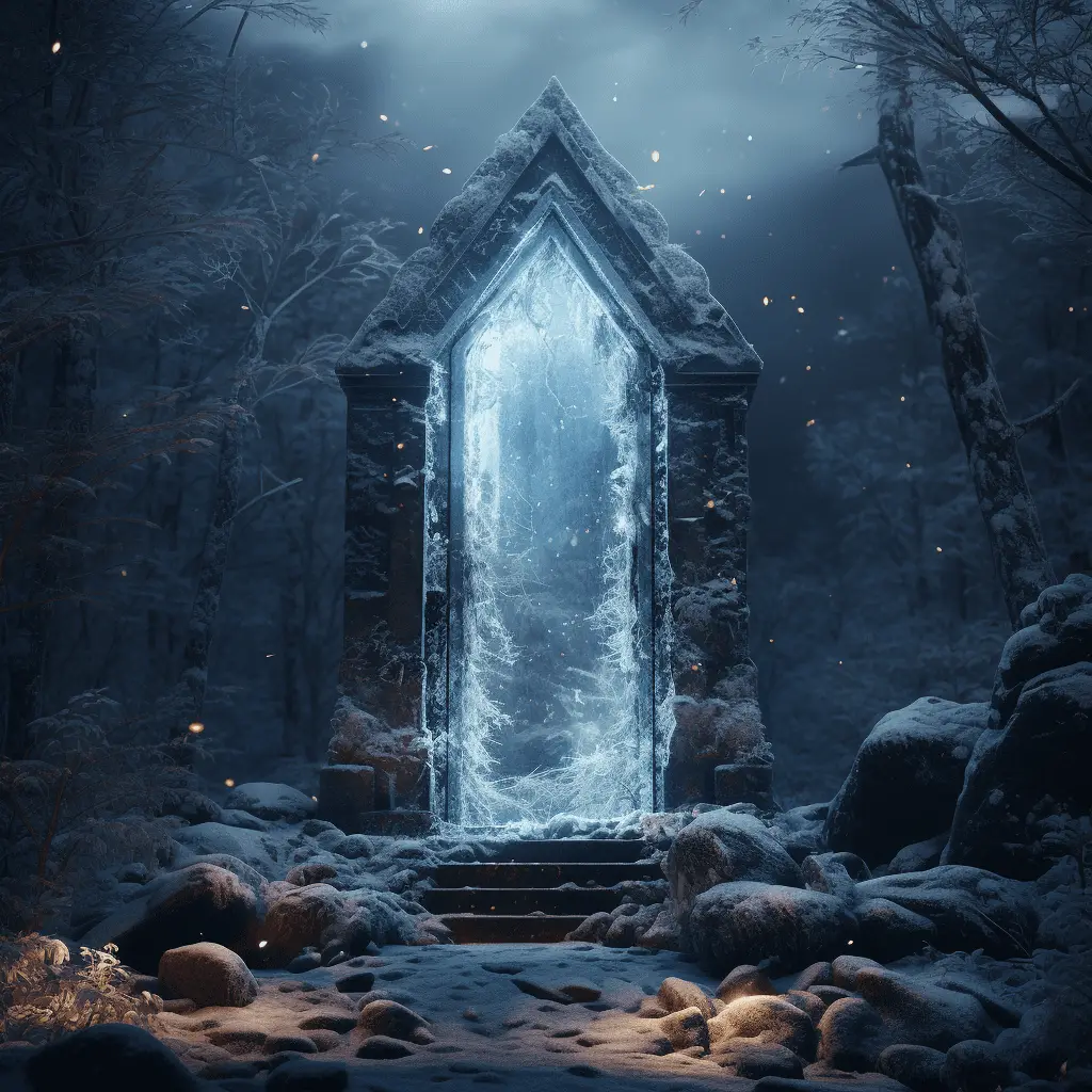 Stone tower with crystak door, surrounded by a frozen taiga forest, blue crystal mushrooms on the ground, cinematic shot, high detail, cinematographic lighting, 4k, photo, digital art, fantasy style