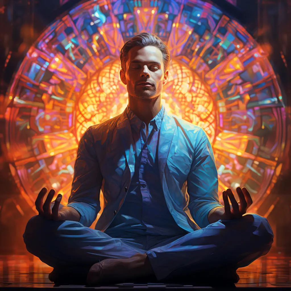 Stunning smart men, doing yoga pose commercial image, lucinda lafleur | holographic photography shoots, in the style of tanya shatseva, daz3d, street pop, luminous palette, close up, realistic impressionism, shiny/ glossy