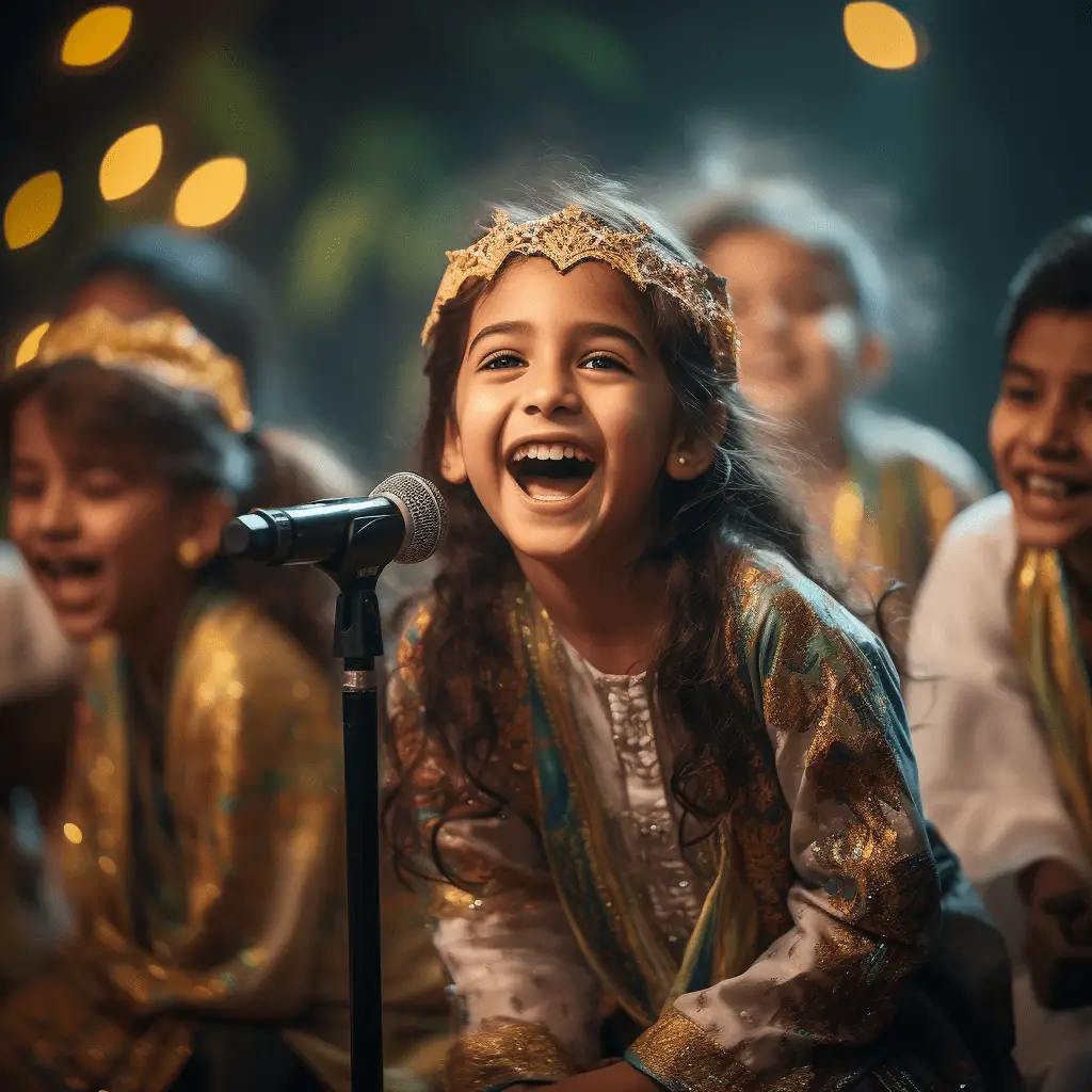 A group of pakistani children performing on stage, happy smiles, children's day, lush trees, delicate facial features, metal decoration, gold elements, Unreal Engine, ultra high definition, Fine Detail, Depth of Field, High Detail, Ultra High Quality