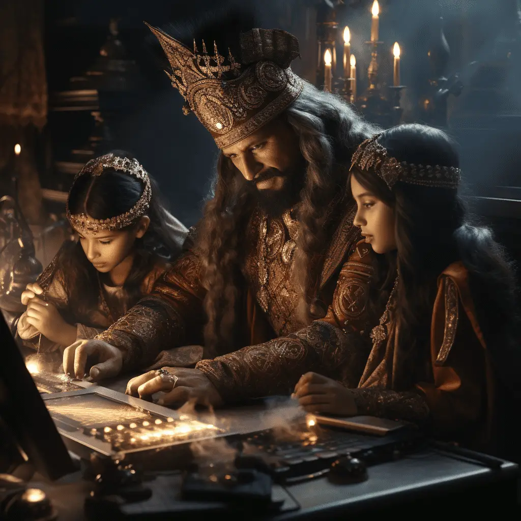 Indian mughal king using artificial intelegence technology with his kids and wife cinematic
