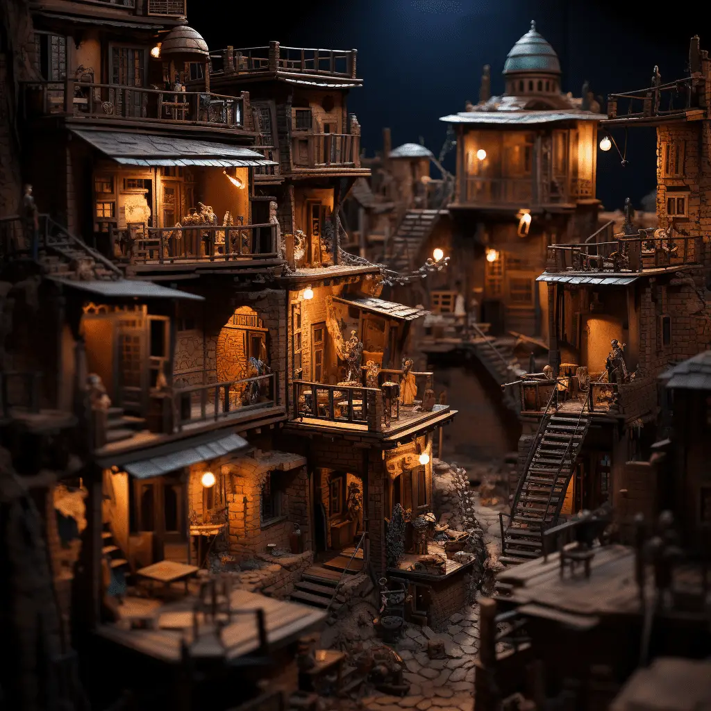  tilt shif, 50mm photo of old pakistani village made of wood, highly detailed, intricate, vibrant, smooth, cinematic lighting