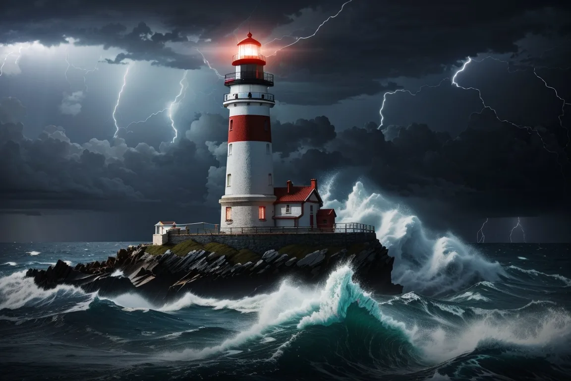A dramatic image of a lighthouse in a storm, with lightning flashing in the background.