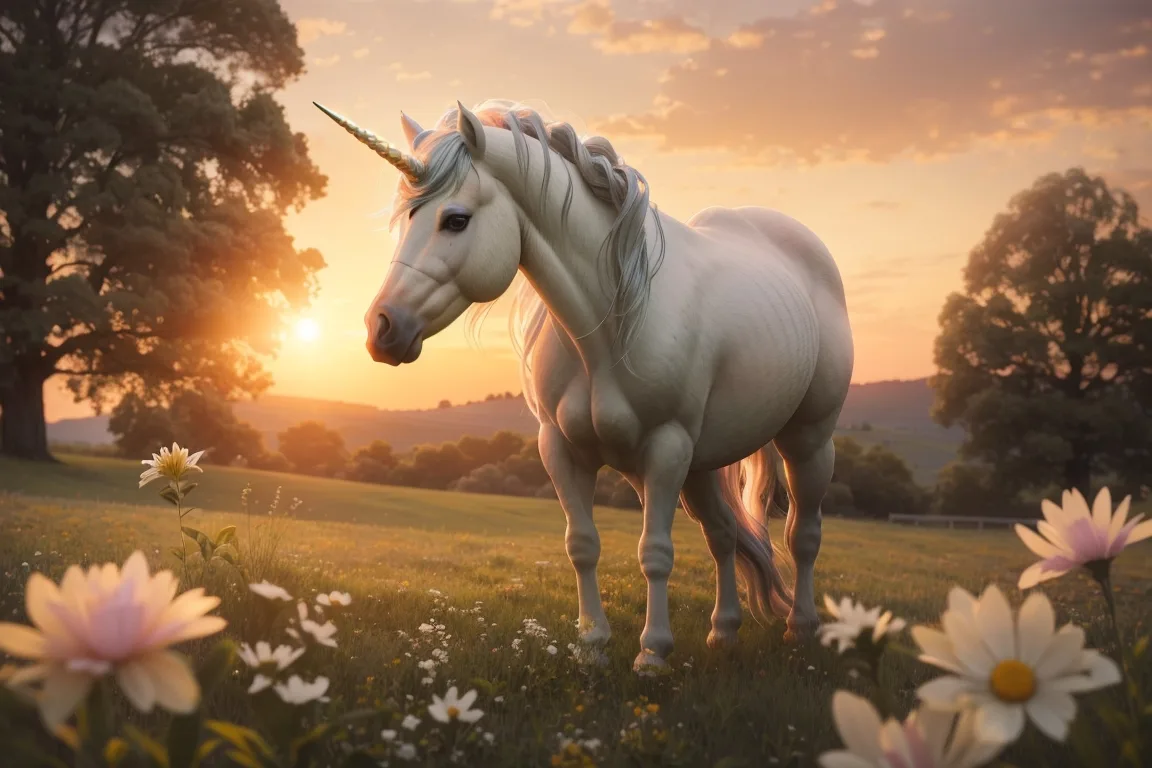 A dreamy and ethereal image of a unicorn grazing in a meadow at sunset.