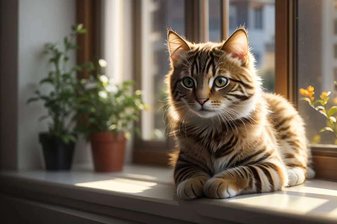 A photorealistic image of a cat sitting on a windowsill, with ray tracing and depth of field.