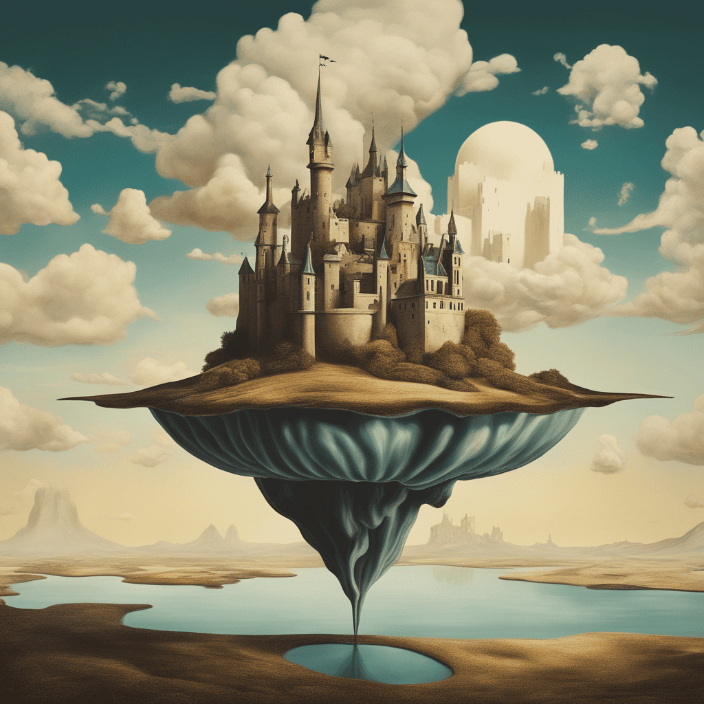 A surreal landscape with a floating castle in the sky, in the style of Salvador Dali.