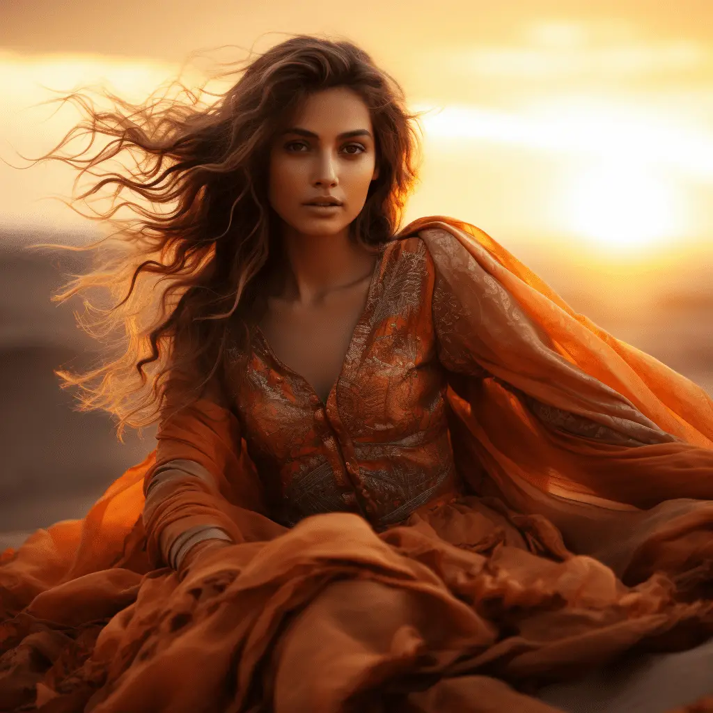 Fashion photo of extremely beautiful 18 years old long hair pakistani woman, made of sunrise, dressed in sunset gown. on the edge of the world of radiant sun. warm colors