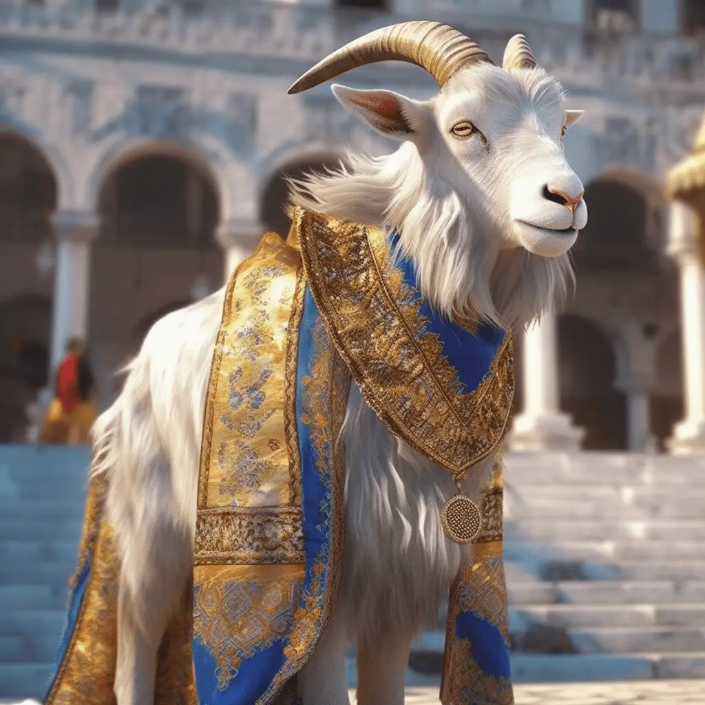 Ultra realistic big white goat, gold and blue decorative dress, full body shot, pakistan goat market, cinematic style