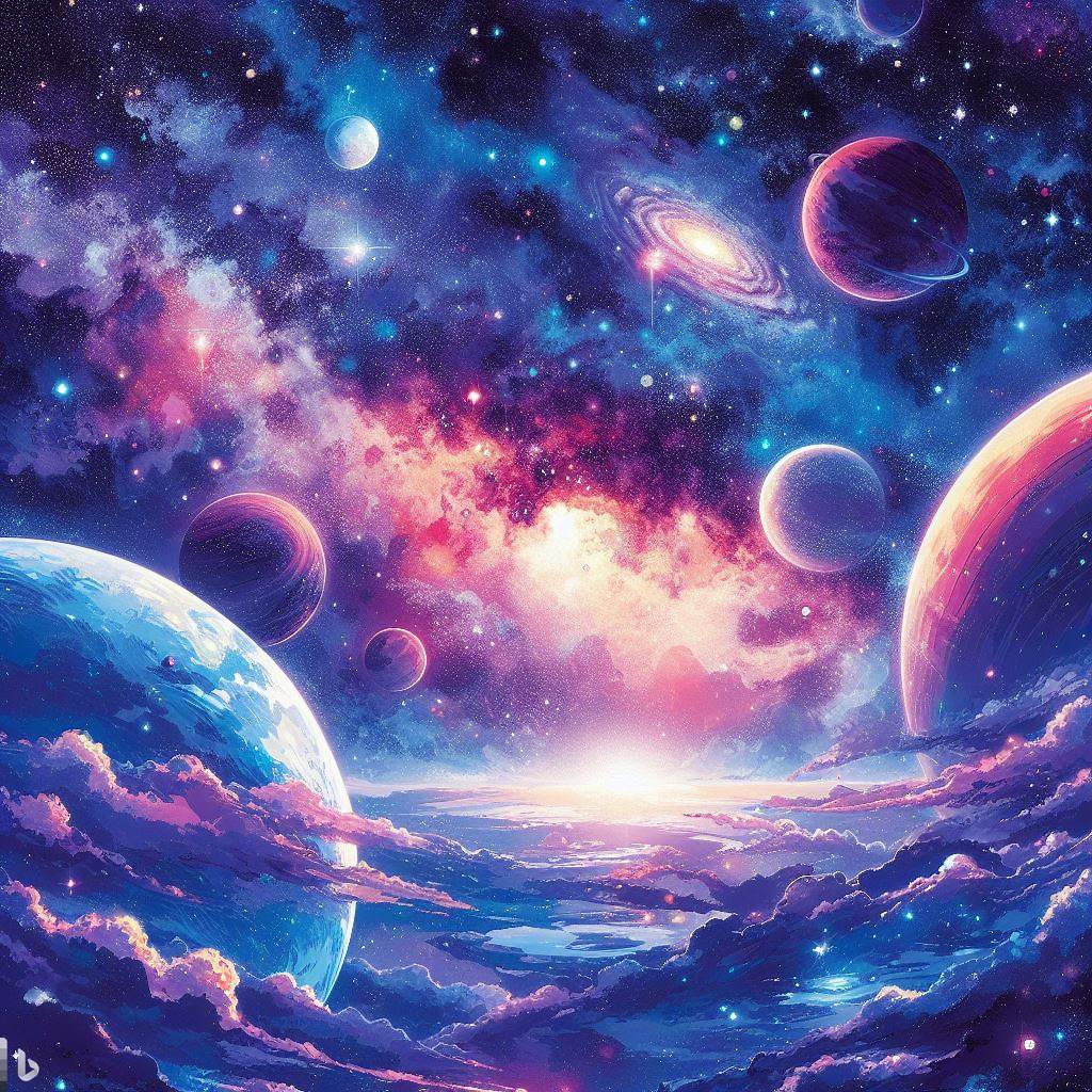 A cosmic anime landscape with stars, planets, and nebulae.