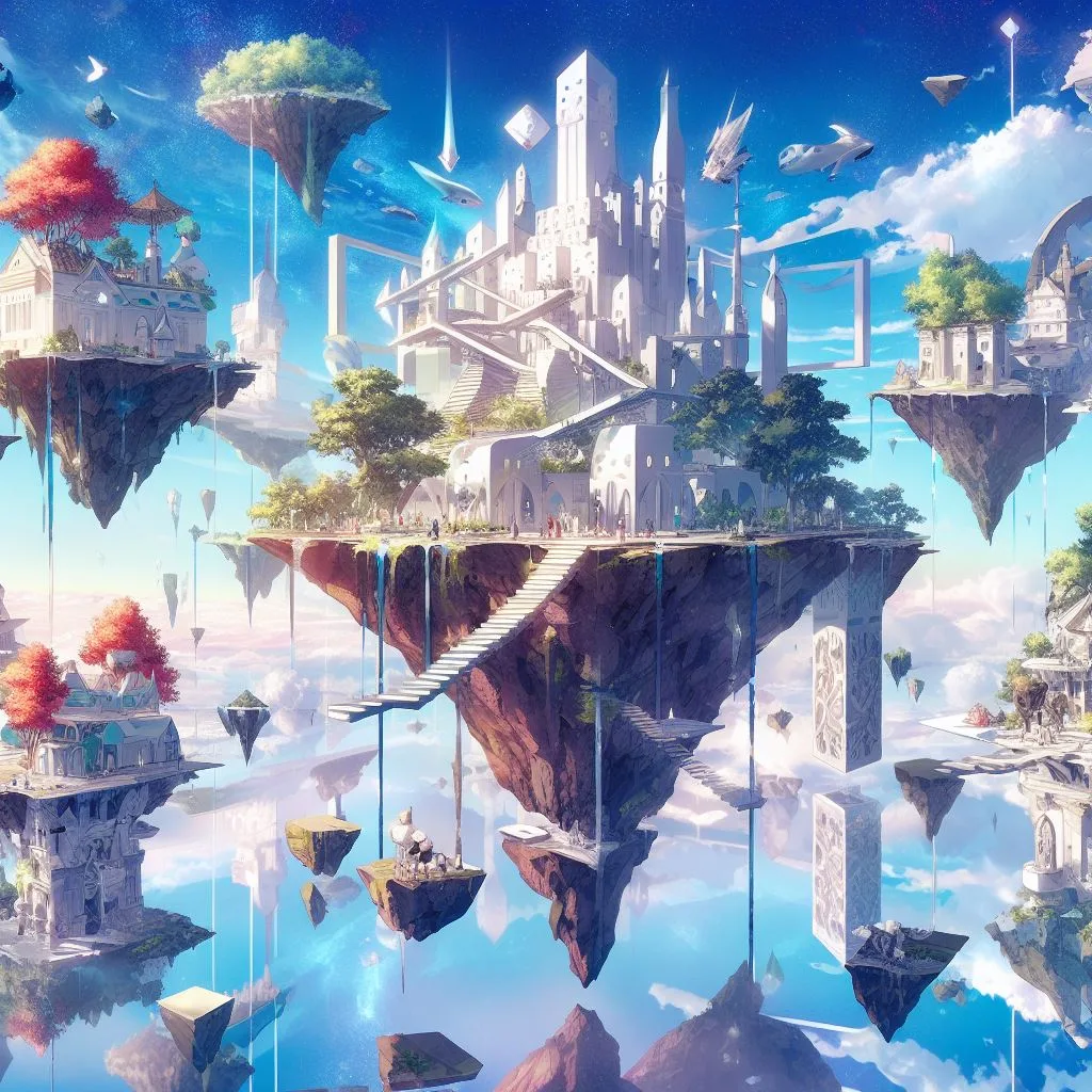 A dreamscape with floating islands, impossible architecture, and surreal creatures.