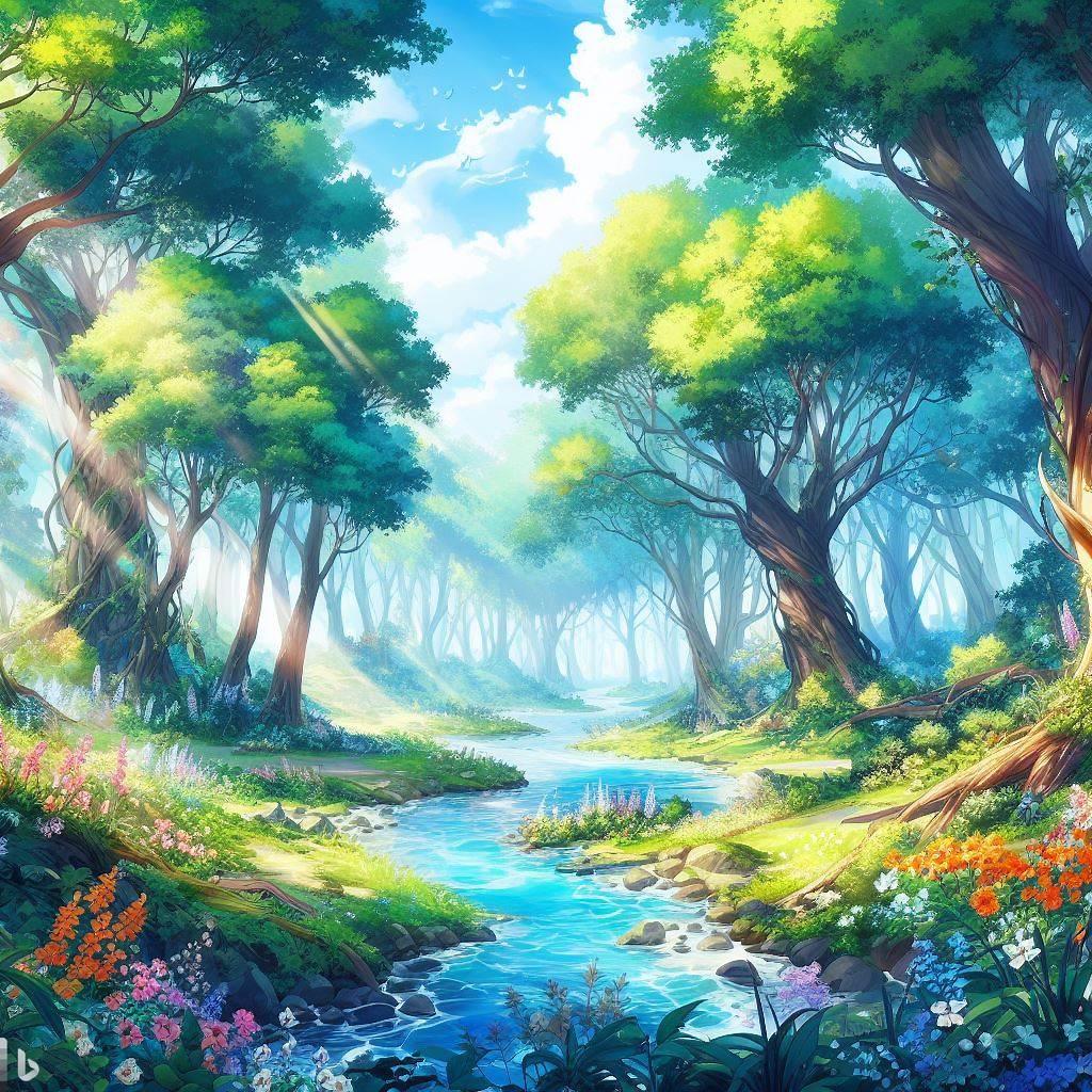 A lush anime forest with towering trees, crystal-clear streams, and colorful flowers. --style scenic