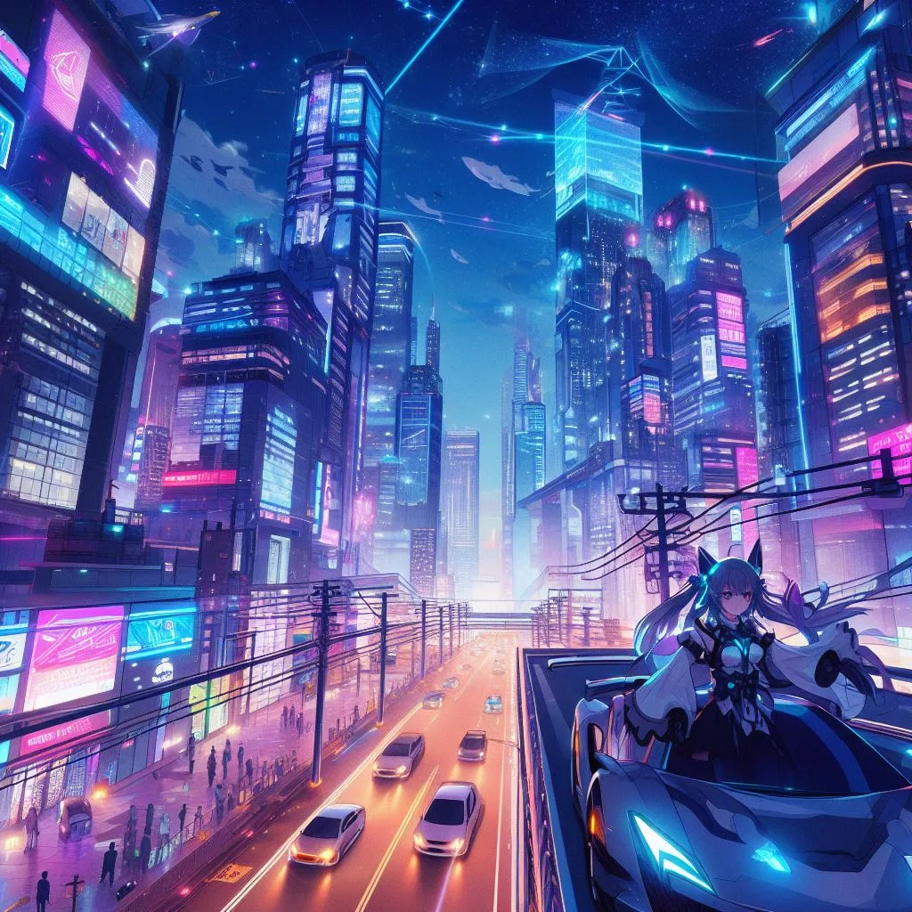 A bustling anime city with neon lights, skyscrapers, and flying cars. --style original