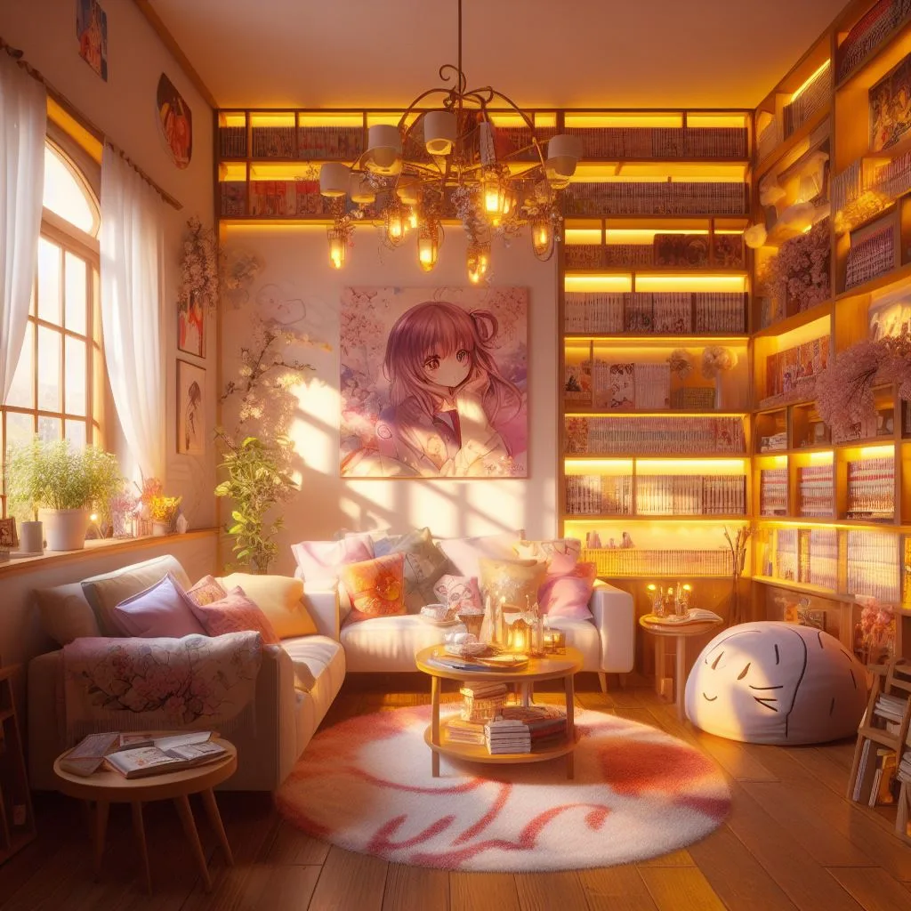 A cozy anime home with warm lighting, soft furniture, and a bookshelf full of manga. --style cute
