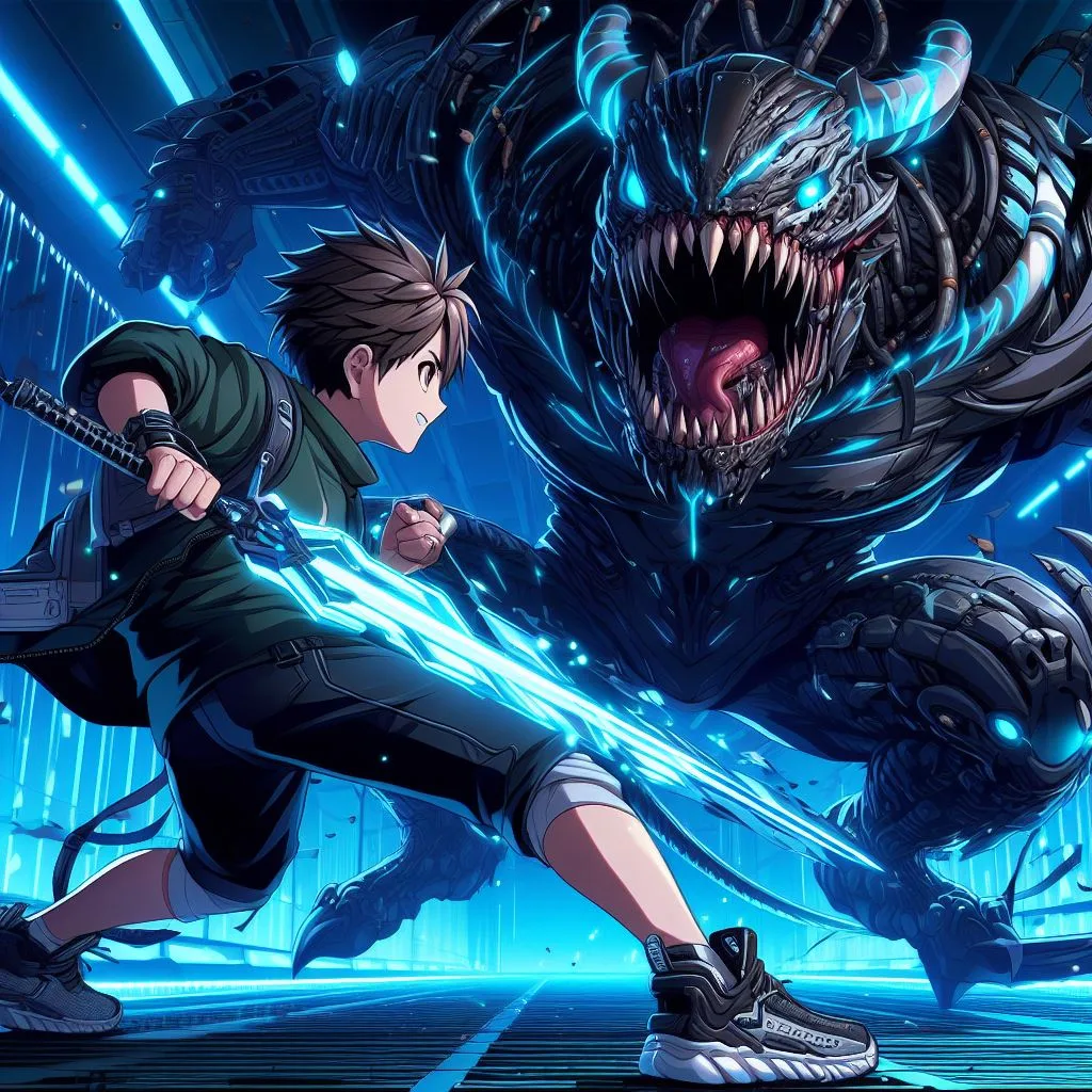 A anime fighter fighting with monster 