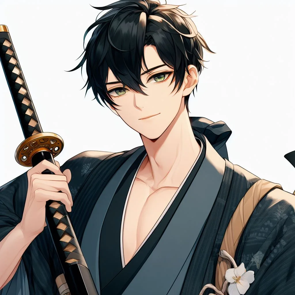 A handsome anime boy with short black hair and green eyes, wearing a kimono and holding a katana. --style expressive