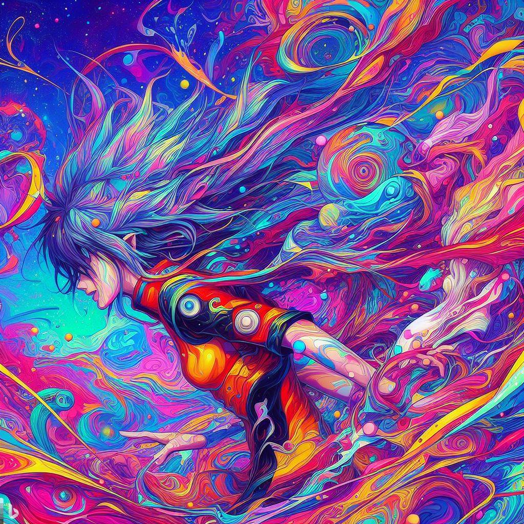 A psychedelic anime universe with vibrant colors and swirling patterns.