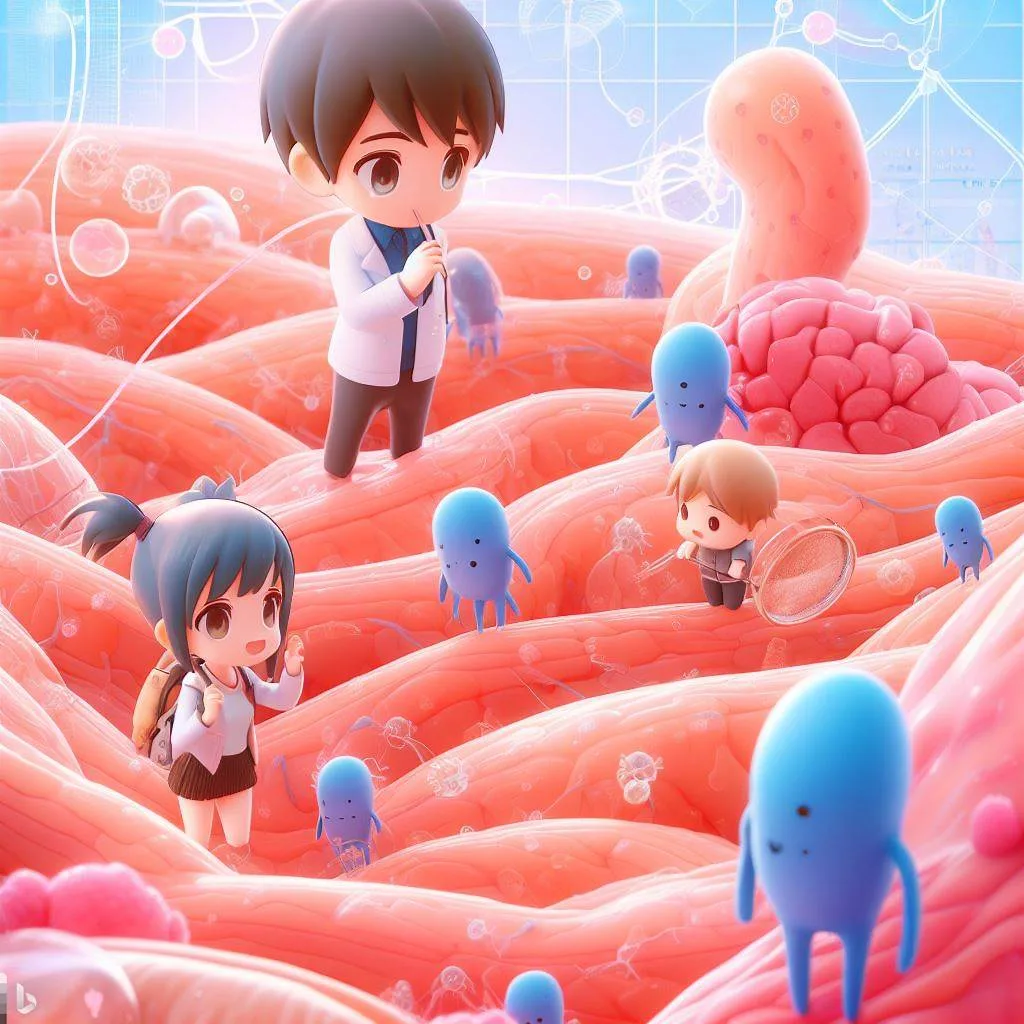 A microscopic anime world with tiny characters exploring the human body.