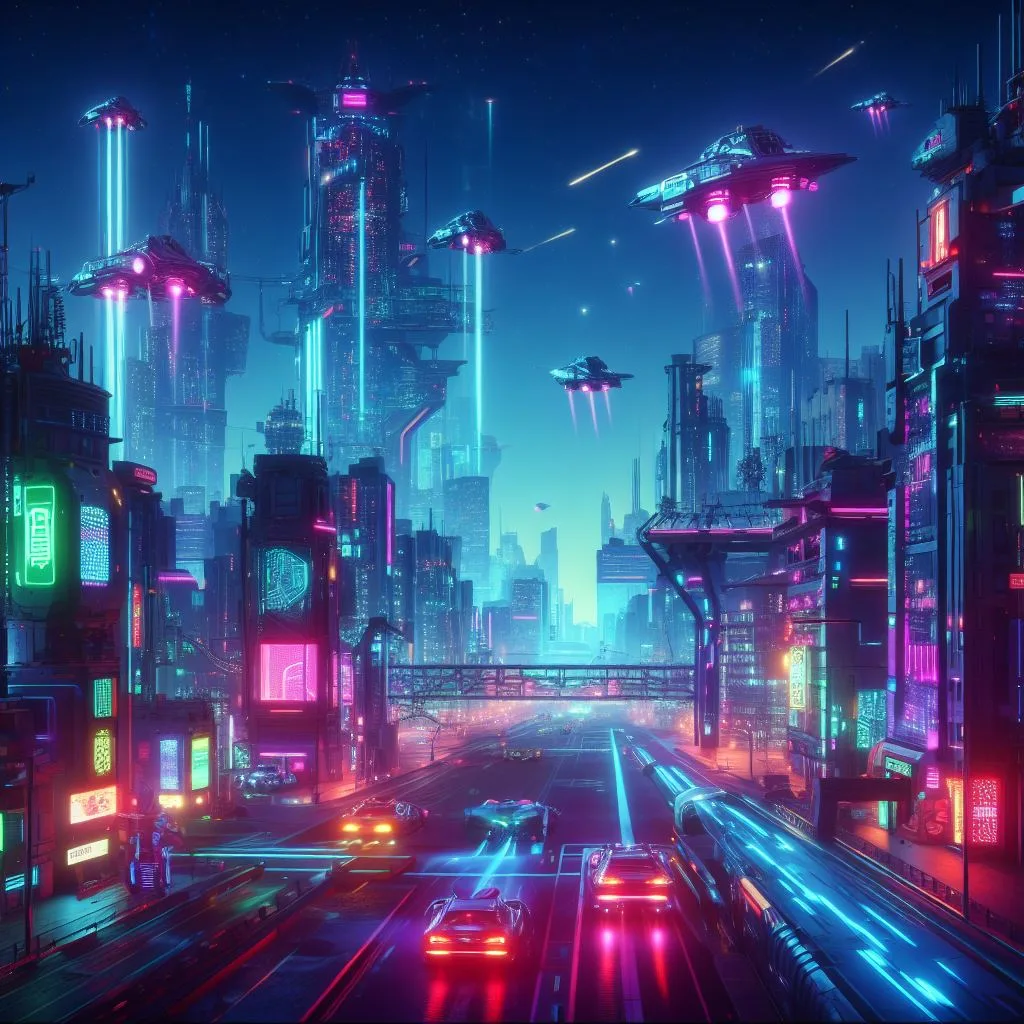 A cyberpunk cityscape, with neon lights and flying cars.