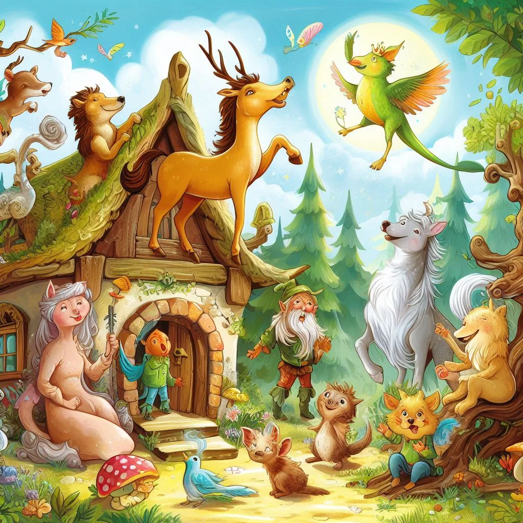 A fairy tale illustration, with talking animals and magical creatures.