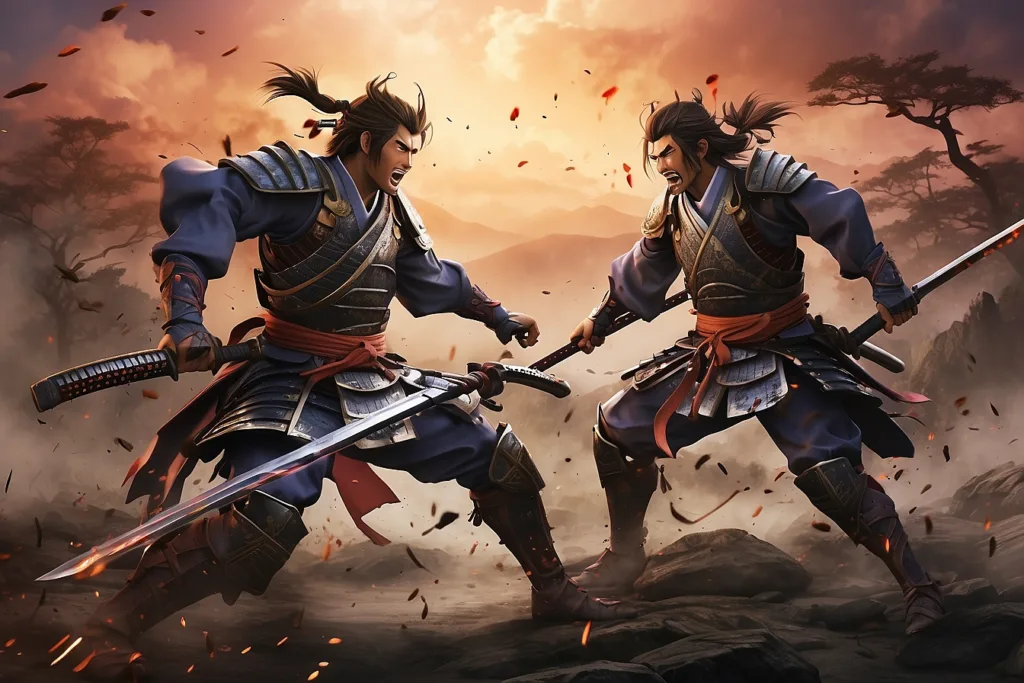 A thrilling anime action scene with two samurai warriors fighting to the death.