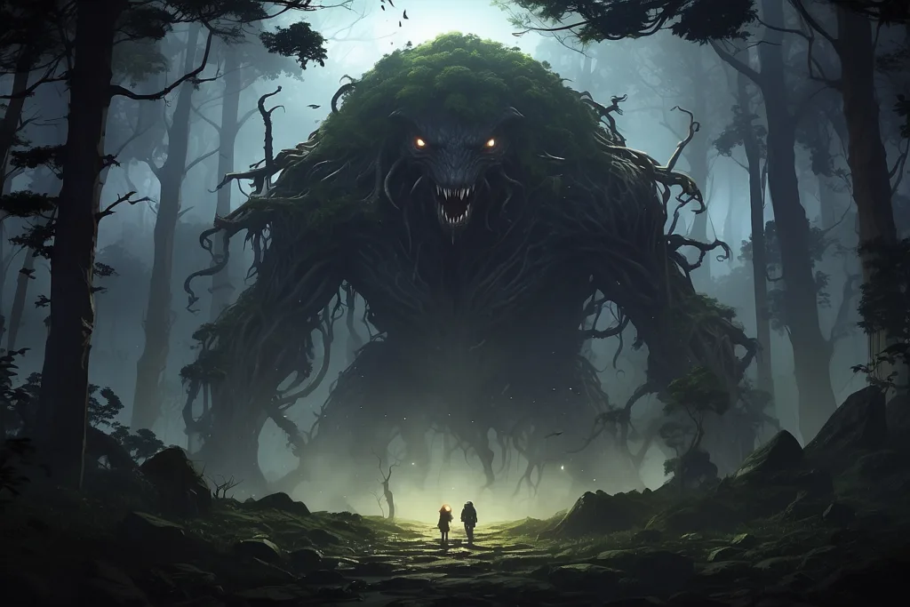 A dark and atmospheric anime forest with strange creatures lurking in the shadows.