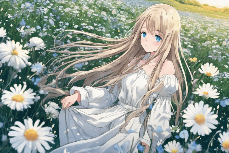 A beautiful anime girl with long flowing hair and blue eyes, wearing a white dress, standing in a field of flowers.
