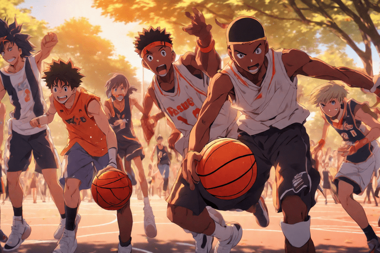 A group of anime friends playing basketball in a park.