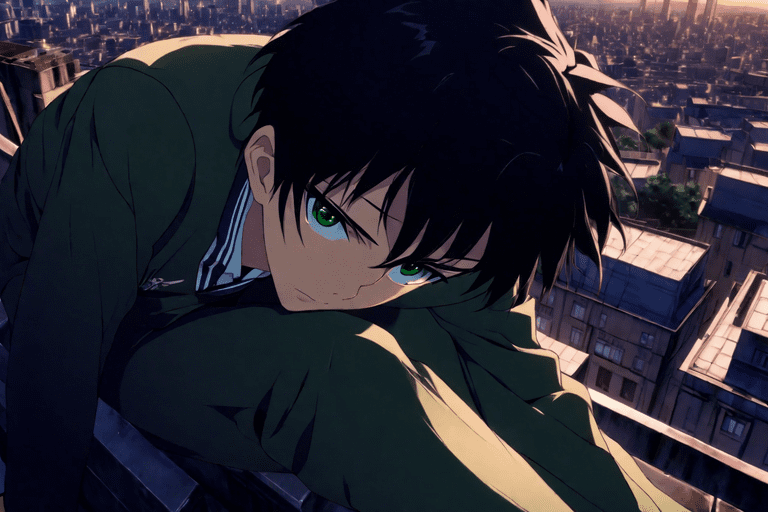 A handsome anime boy with short black hair and green eyes, wearing a school uniform, sitting on a rooftop overlooking the city.