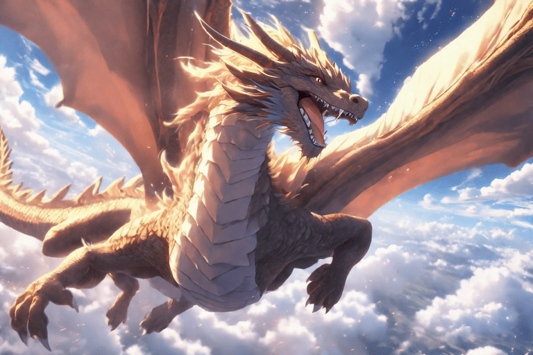 A majestic anime dragon soaring through the sky.