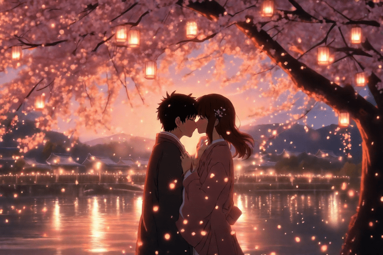 A romantic anime scene with a couple kissing under the cherry blossoms.