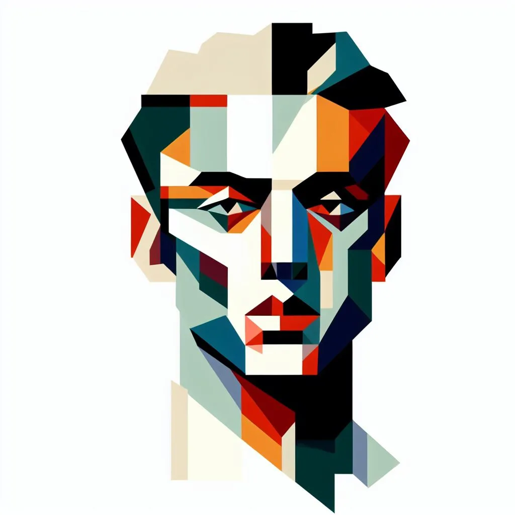 A cubist portrait of a person, with geometric shapes and bold colors.
