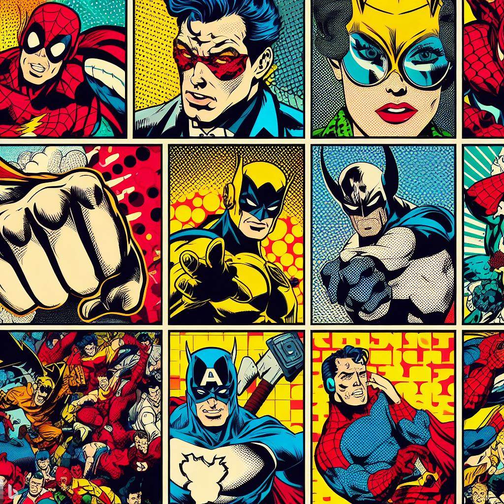 A pop art collage of comic book characters.
