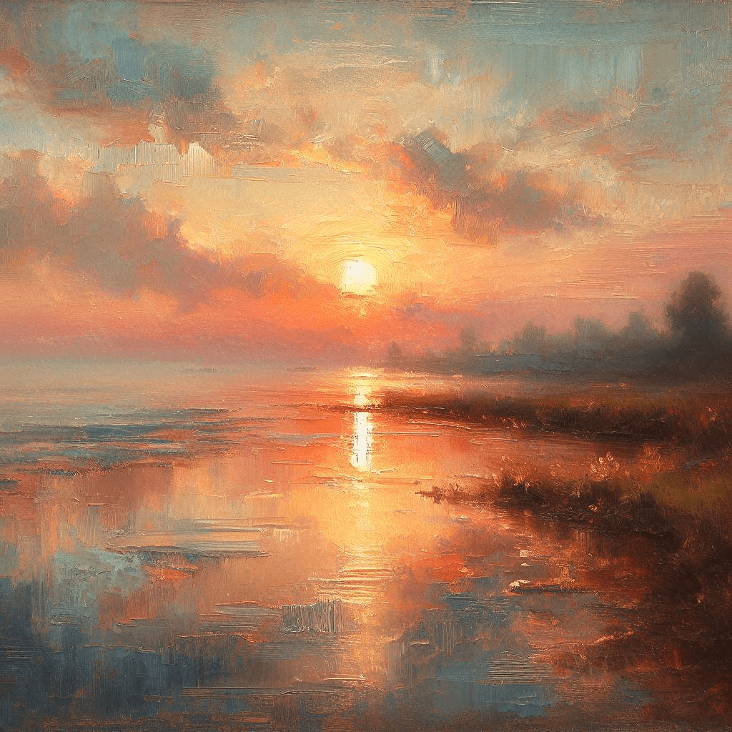 An impressionist painting of a sunset, with soft brushstrokes and warm colors.