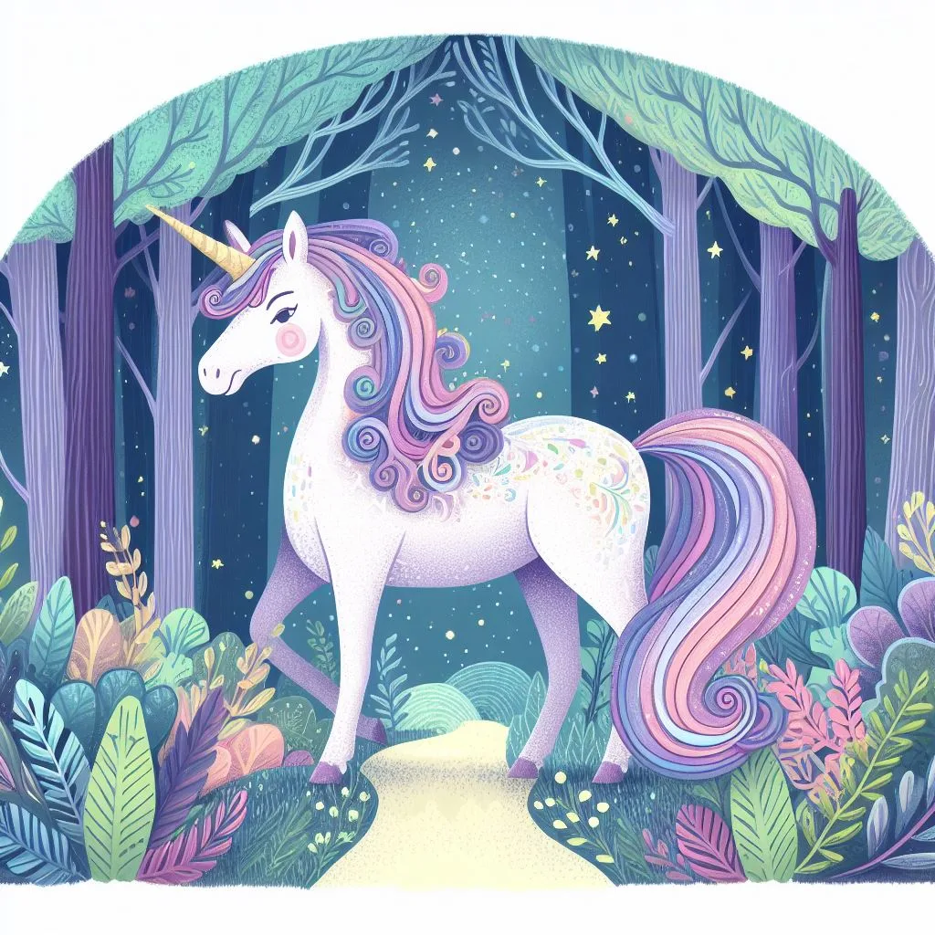 A whimsical illustration of a unicorn in a magical forest.
