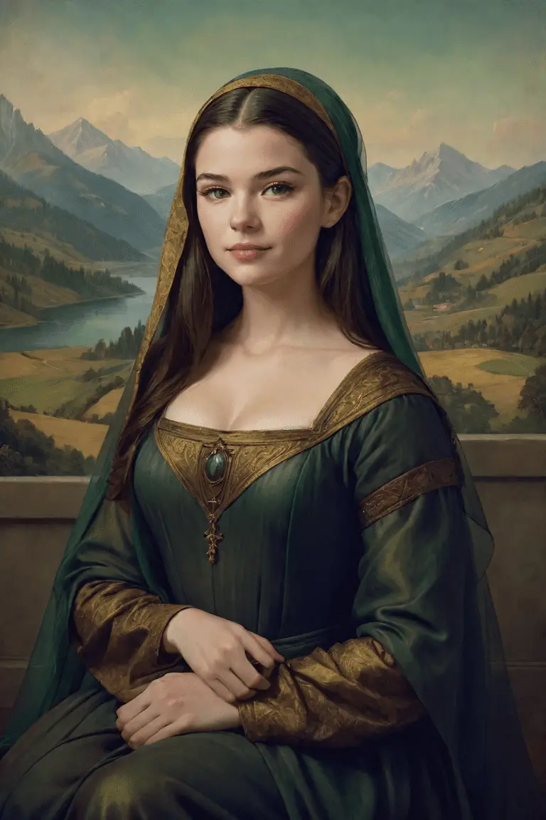 Nicole Maines is Mona Lisa, sitting in an environment with a mountainous landscape in the background, with an enigmatic smile, looking directly at the viewer, wearing a Renaissance outfit with a veil over her head, the predominant colors are shades of brown and green and golden, the painting uses the sfumato technique