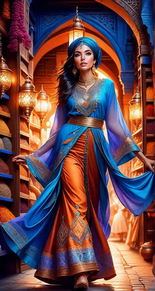 Art by Miki Asai and Boris Vallejo, half body of a pretty Moroccan woman in a spice bazaar, wear a beautiful traditional dress, perfect human anatomy, high detailed background, vivid colors, digital painting, rim lighting, perfect composition.