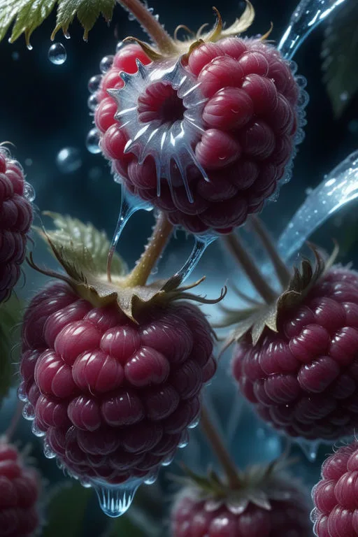 Large ice raspberry close-up ,blue, fibers are visible inside the raspberry, lightning flashes, droplets drip nearby, palm trees, fruits, hyperrealism, quality at the highest level, 8k