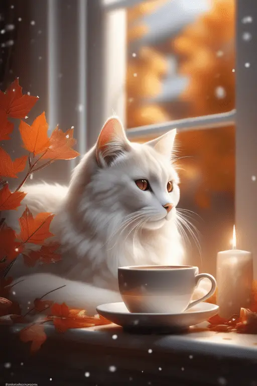 A cozy house, the first snow outside the window, a magnificent autumn bouquet, a cup of coffee, a big cute soft and fluffy white flame point cat with gray eyes, brown and beige tones,