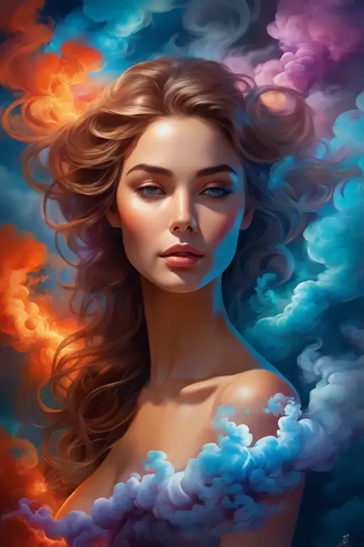woman portrait, High Detail, clean lines, heavy strokes, ethereal fantasy concept art of colorful cloudy smoke of in the form magnificent, celestial, ethereal, painterly, epic, majestic, magical, fantasy art, cover
