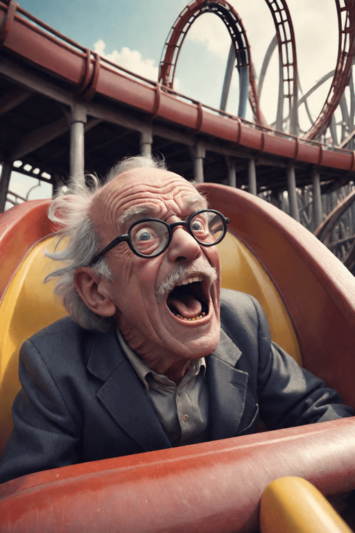 Old Man with something in his mouth in a roller coaster car, extreme dynamic close angle, depth of field pop surrealism, quirky, whimsical, playful, depth of field